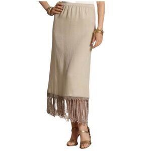 Chico's Francesca Linen Blend Khaki Midi Skirt Macrame Fringe Sz: 1 (M/8)